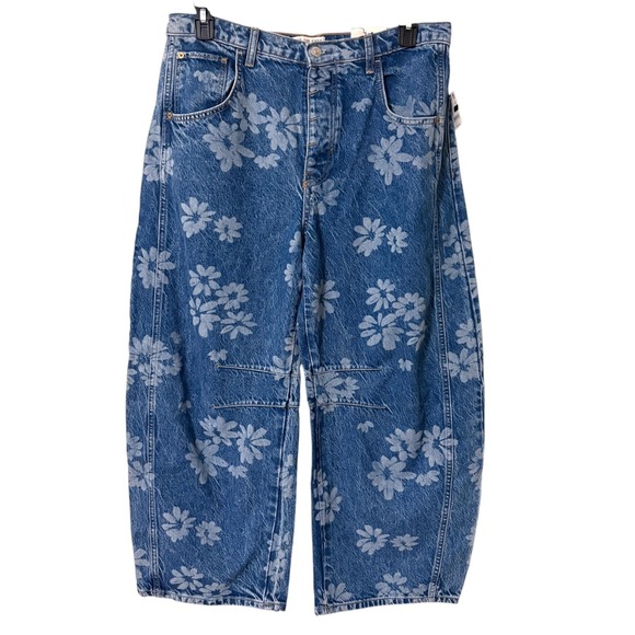 Free People Denim - We The Free Womens NEW 31 Good Luck Barrel Jeans Blue Floral Daisy Boho Hippie